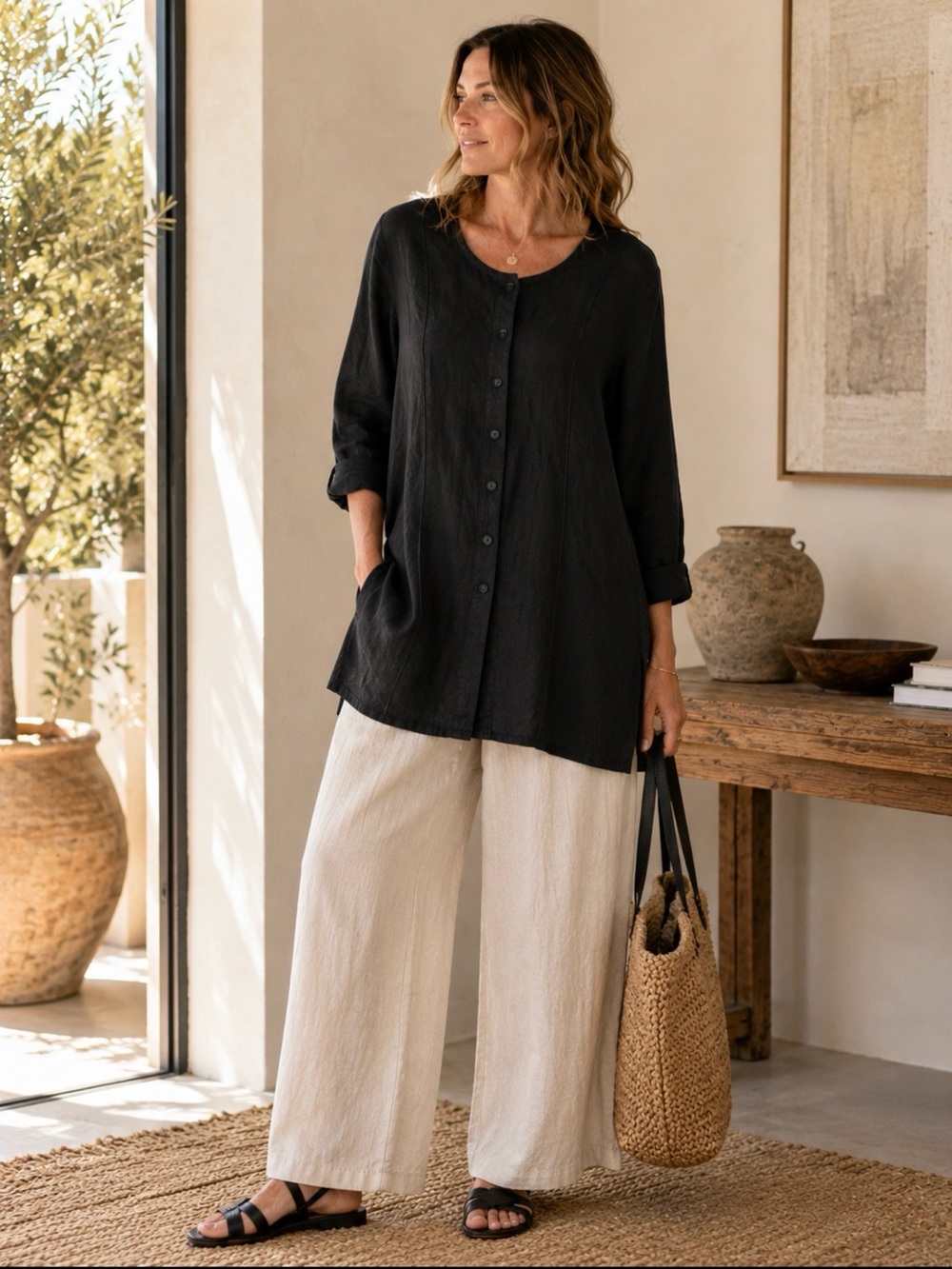FLAX Jeanne Engelhart Black 100% Linen Button Front Tunic Large